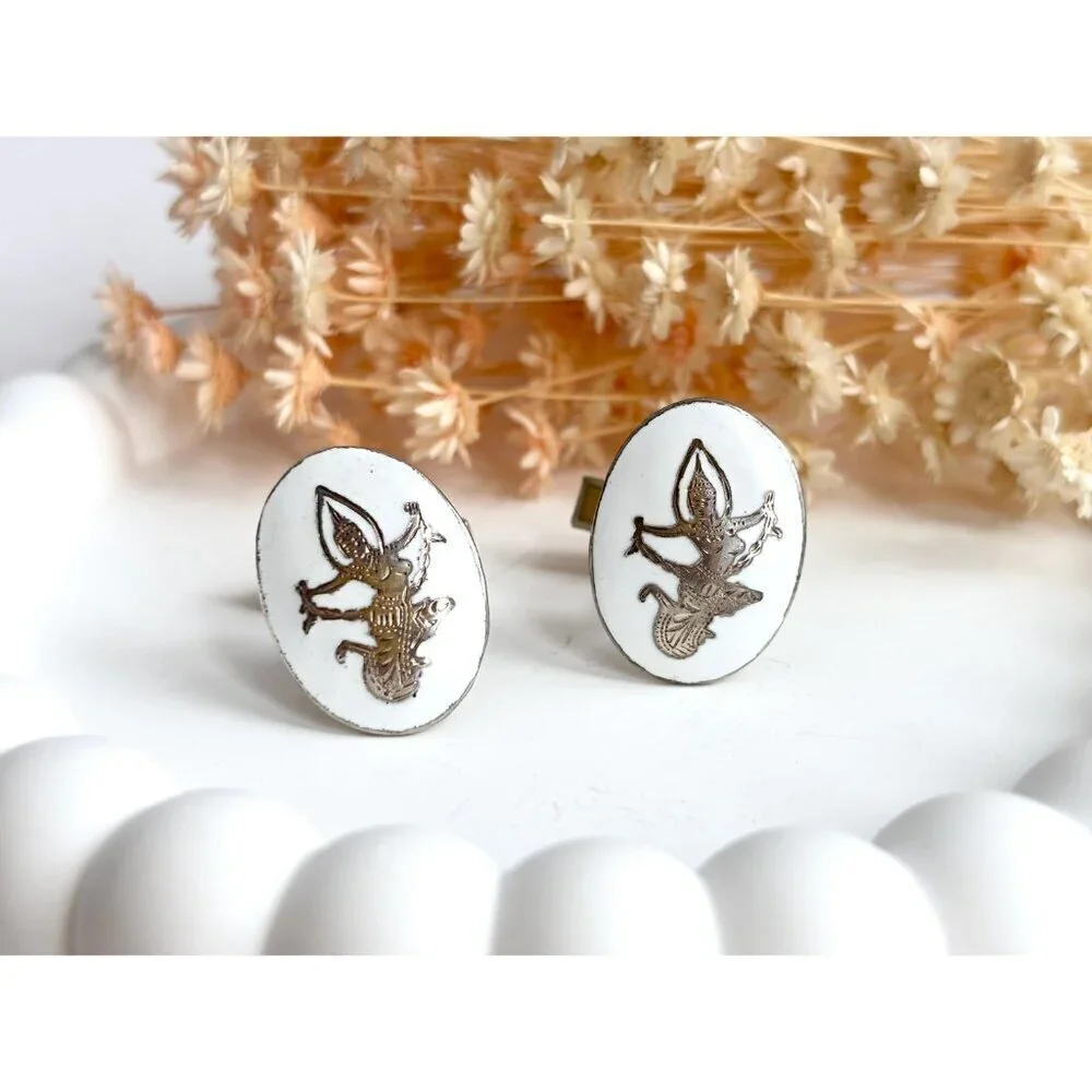 Siam Sterling White Dancing Angel Oval Vintage Men's Sterling Silver Cufflinks